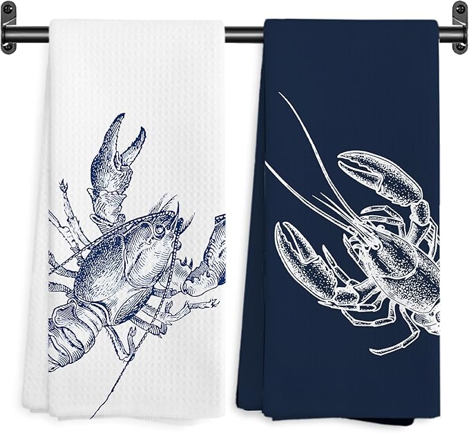 Vintage Lobster Coastal Beach Kitchen Towels, Nautical Dish Tea Towel Drying