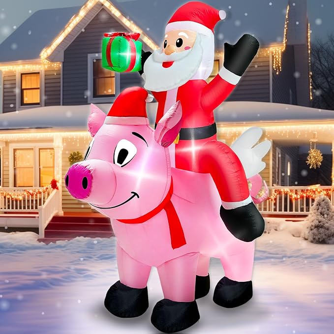 6 Ft Christmas Inflatable Outdoor Decoration, Blow Up Santa Claus Riding Flying Pig with Built in LEDs Lights,Christmas Inflatables with Gift Box for Farm Yard Garden Lawn Outside Indoor Holiday Party