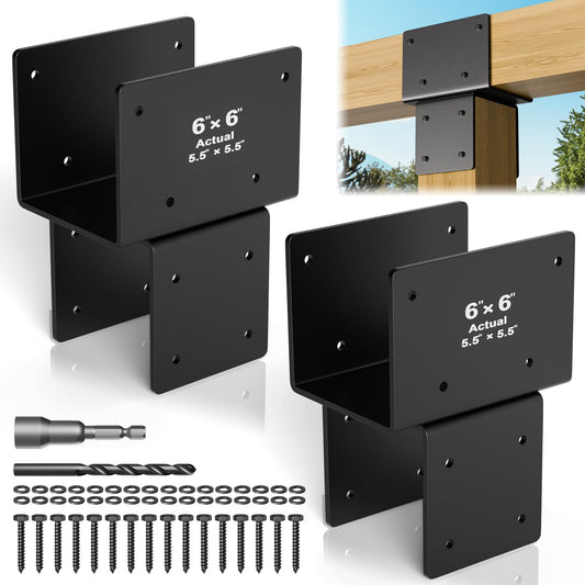 Wuno Shop 2 Pack 6x6(Actual 5.5"x5.5") Post Caps Tie Bracket, Stainless Steel Post to Beam Connectors for Wood, Heavy Duty Post Anchor Connector for Pergolas, Gazebos, Decks Porches-Black