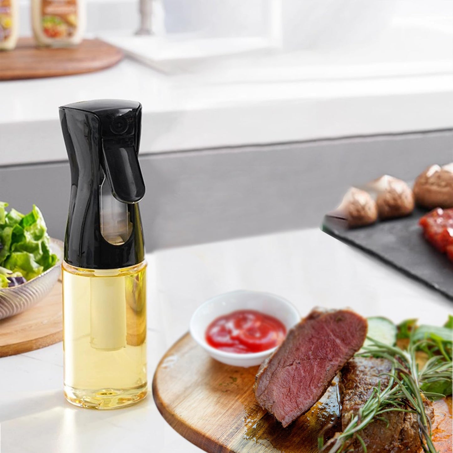 Olive Oil Spray Bottle(1PC-220ml) and Quantitative Salt Control Bottles (2PC-150ml),Refillable Salt Tank Sugar Bottle, Oil Sprayer for Cooking, Salad, BBQ, Kitchen Baking,Sealed storage, Kitchen