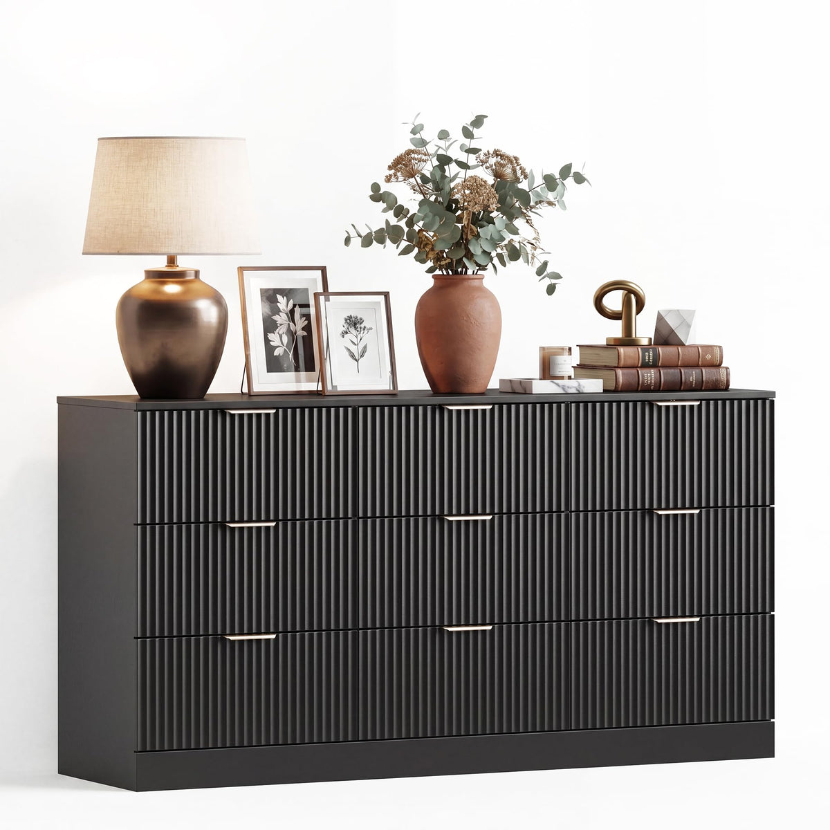 MALOL Fluted 9 Drawer Dresser for Bedroom, 59" Wide Wood Chest of Drawers with Metal Handle, Long Dresser Storage Organizer TV Stand for Closet, Living Room, Hallway, Black
