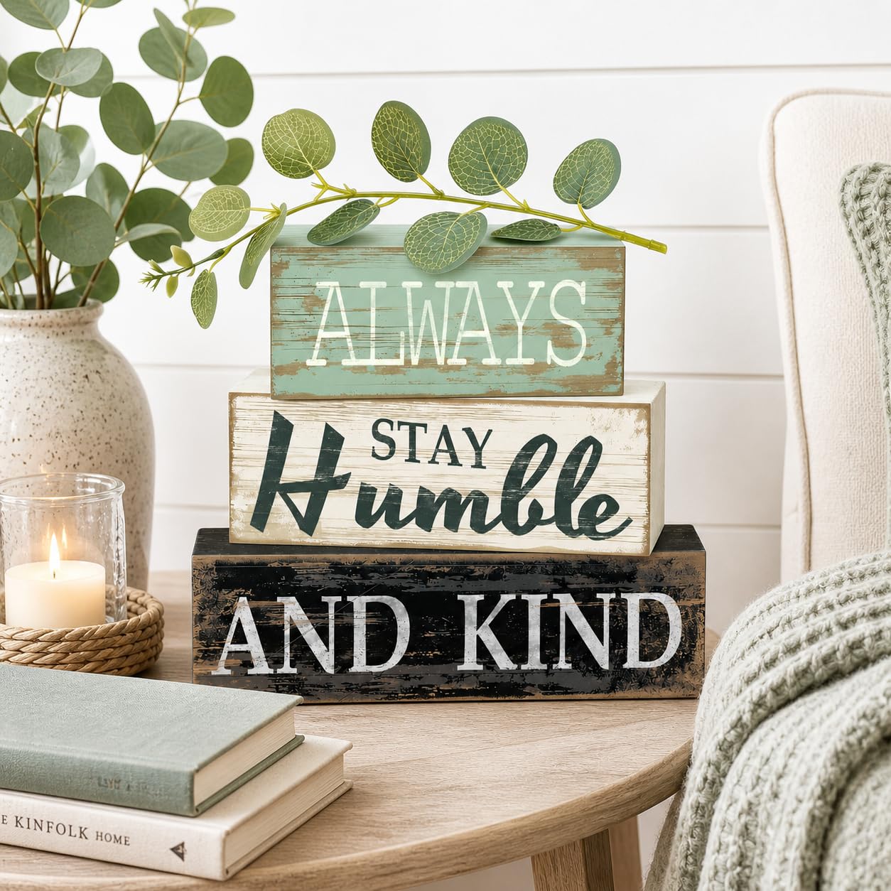 4 Pcs Farmhouse Stacked Wooden Decor Always Stay Humble and Kind Inspirational Table Signs with Eucalyptus Leaves for Living Room Shelf Fireplace Mantle Home Decoration Housewarming Gift