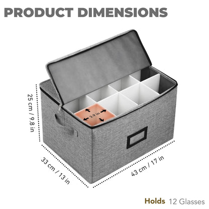 HURZMORO Wine Glass Storage Box with Dividers – Durable Oxford Fabric Stemware Case for 12 Highball Glasses,Stackable & Portable Wine Glass Storage Box with Handles & Zipper for Safe Moving (2-Pack)