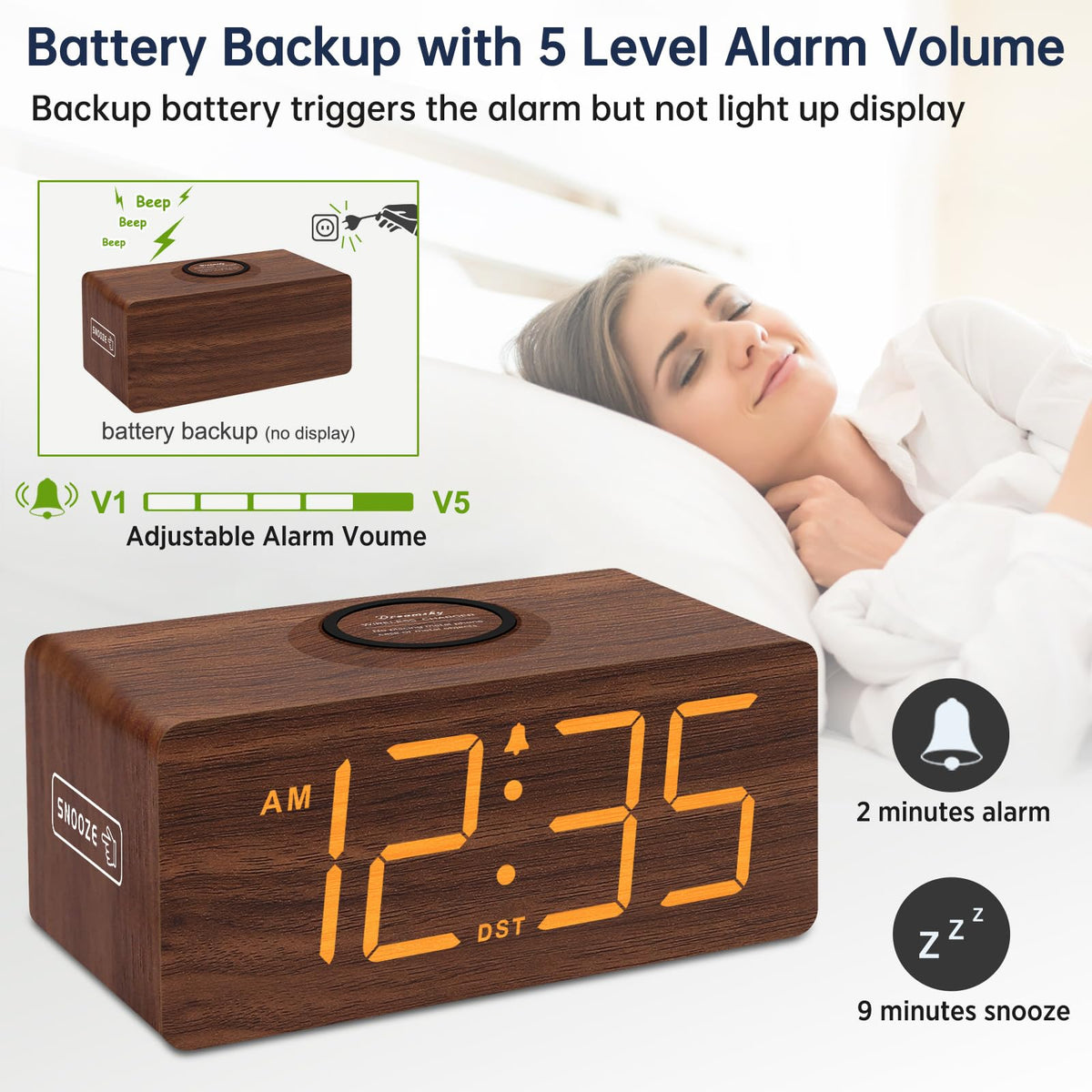 DreamSky Wooden Digital Alarm Clock with Wireless Charging for Bedroom