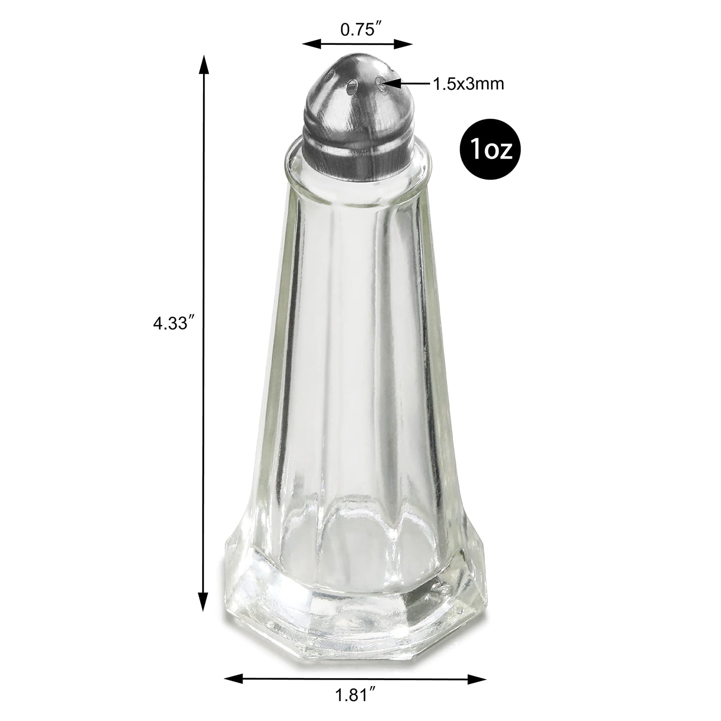 New Star Foodservice Glass Tower Salt and Pepper Shakers, 1 oz Set of 12, Clear Glass Shakers with Stainless Steel Tops for Restaurants and Tabletop Use