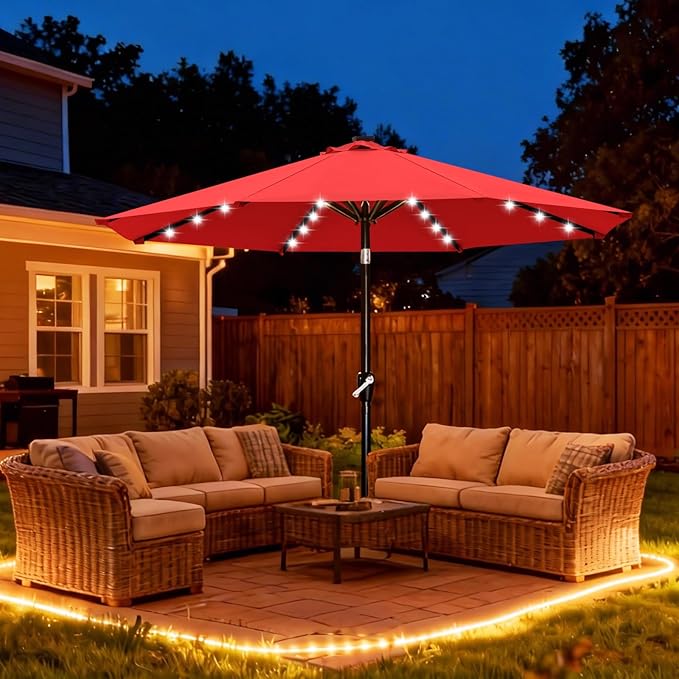 ABCCANOPY Durable Solar Led Patio Umbrellas with 32LED Lights 9FT (Red)