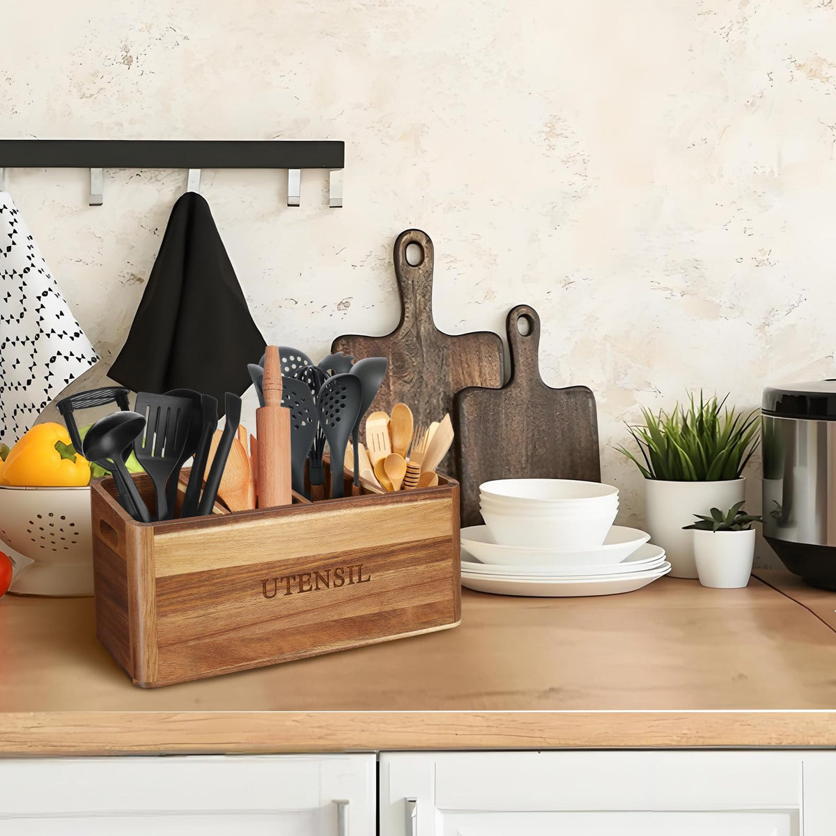 BOTOP Acacia Wood Utensil Holder for Kitchen Counter, 4 Compartment Farmhouse Heavy-Duty Flatware Caddy & Silverware Organizer - Large Kitchen Decor for Spoons, Forks, Parties, Coffee Bar & RV