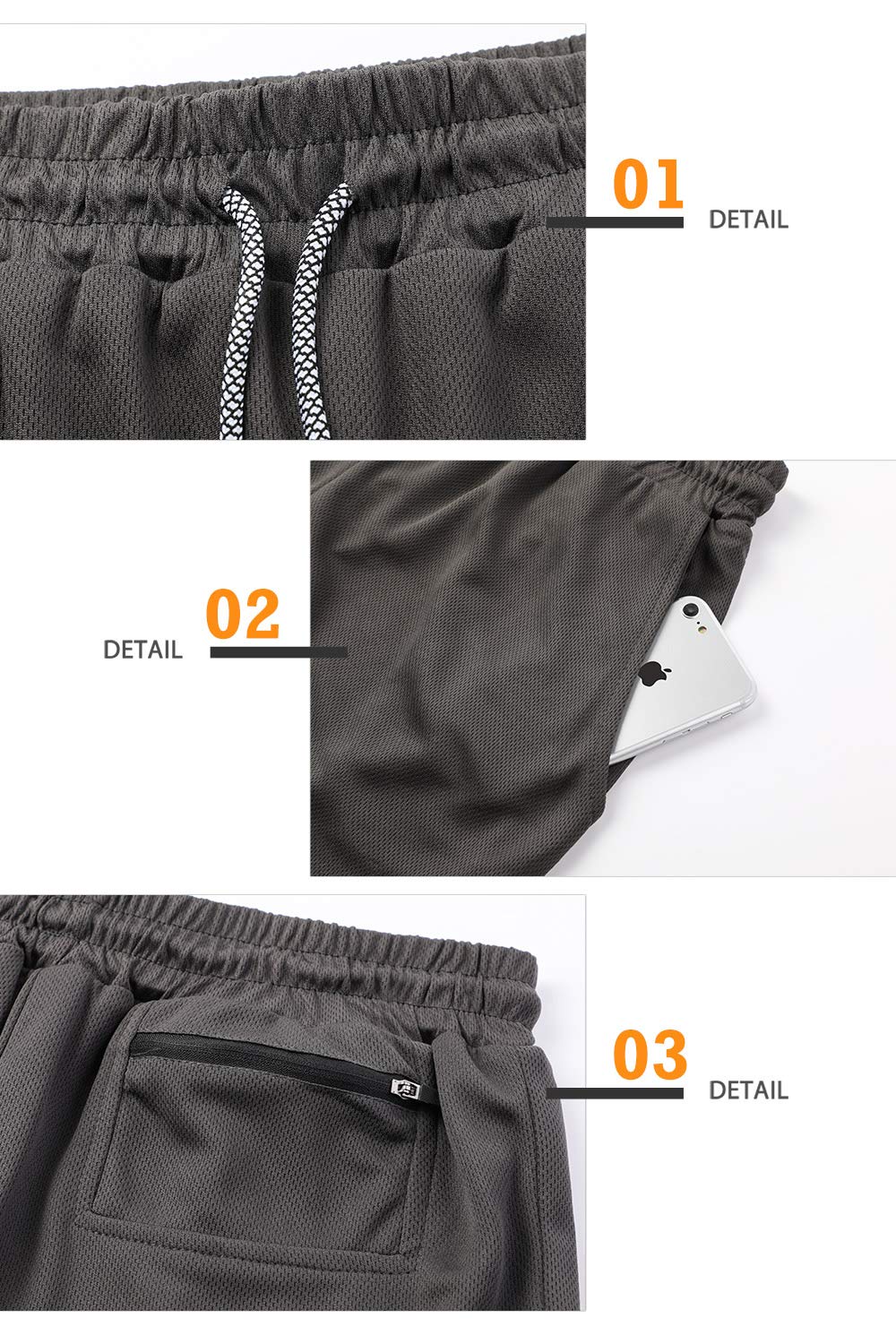 Superora Mens Running Gym 2 in 1 Sports Shorts Breathable Outdoor Workout Training Shorts with Pockets Grey