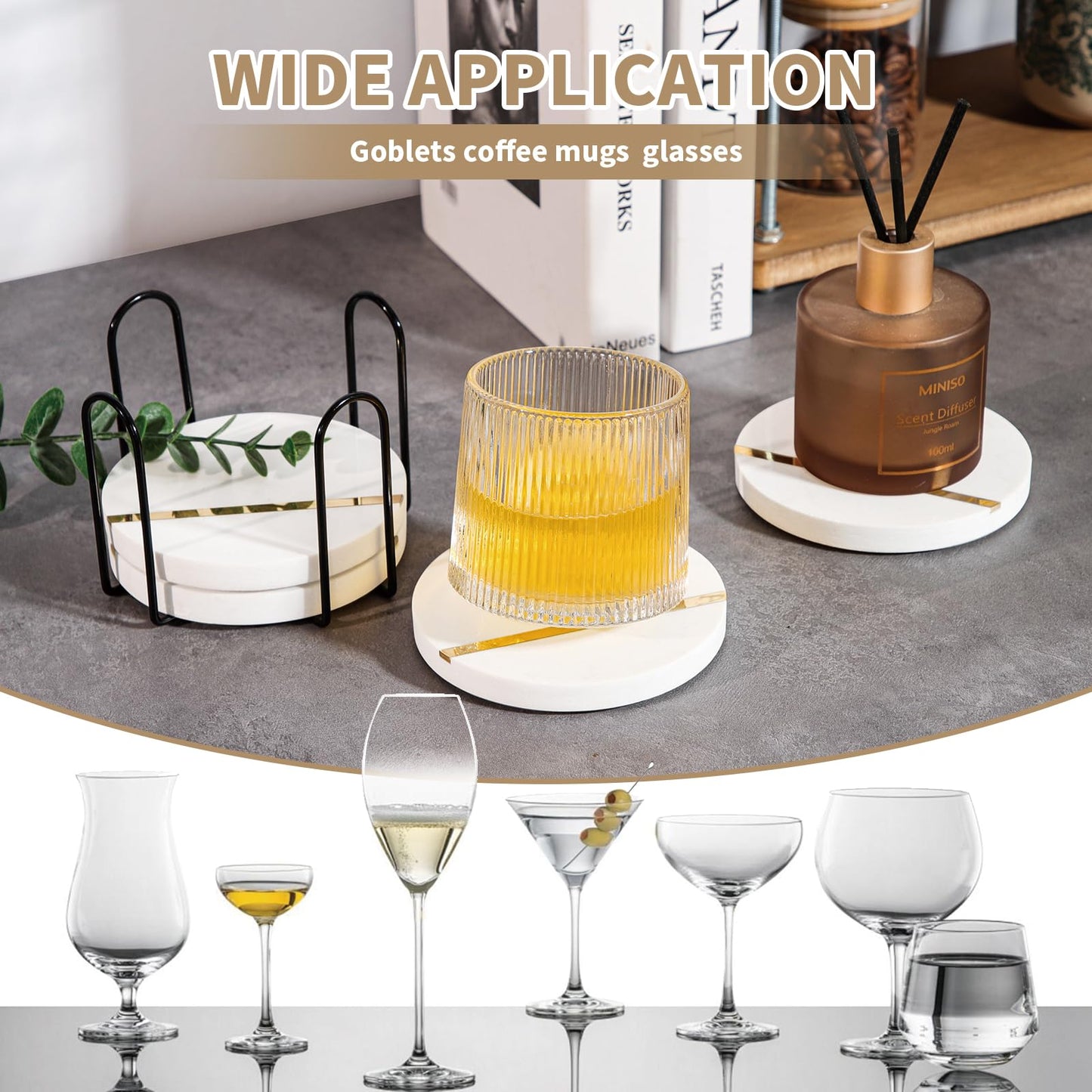 LiWiBet White Marble Coasters for Drinks with Holder Set of 4, Round Stone Coasters 3.94 Inches Elegant for Home Bar & Coffee Table Accessories Office Kitchen & Dining, Home Decor & Protection