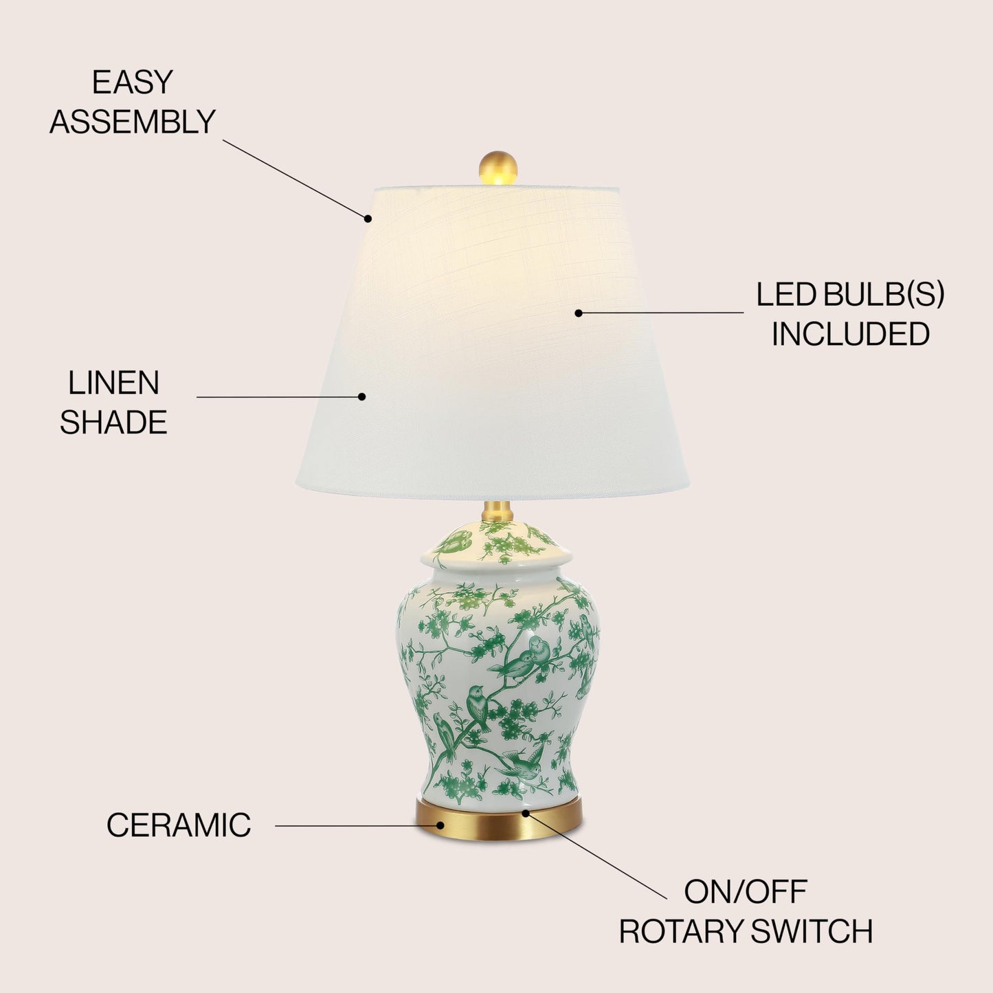 JONATHAN Y 22" White/Green Ceramic Table Lamp, French Country Chinoiserie Ginger Jar LED Bedside Lamp for Living Room Bedroom, White Linen Shade (JYL3005B)