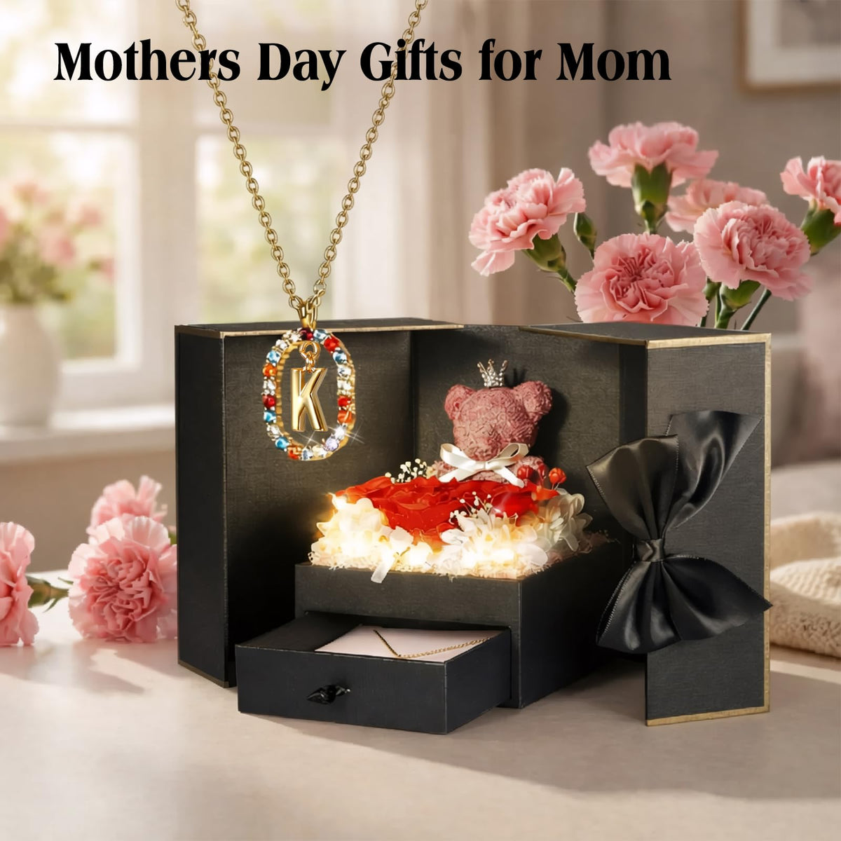 Mothers Day Birthday Gifts for Mom Women, Preserved Real Rose with Initial Necklace K, Forever Rose Jewelry Gift Box, Personalized Gifts for Women, Grandma, Wife, Girlfriend