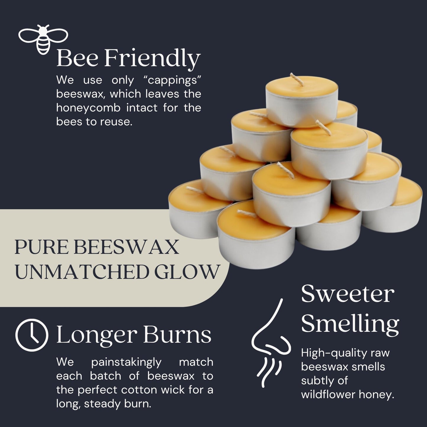 Bluecorn Beeswax Tea Light Candles, 100% Pure Natural Bees Wax, Yellow Tea Lights in Metal Cups, Fragrance Free, Paraffin & Soy Free Candle Wax, Clean Burning, Long Lasting, American Made, 48 Pack
