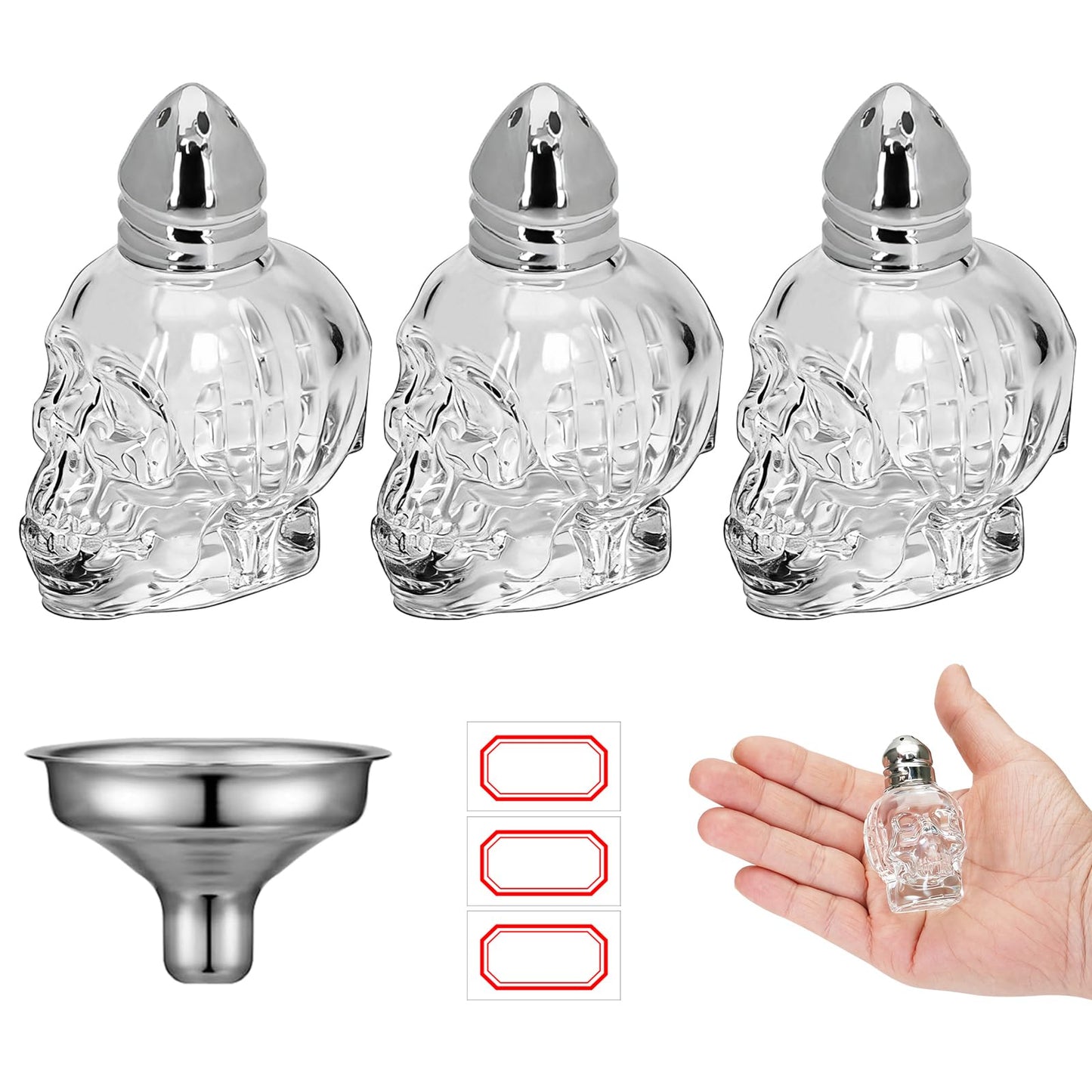 3 Pack 0.7oz/22ml Mini Skull Glass Salt and Pepper Shaker Set, Clear Seasoning Bottle with Metal Lid, Stainless Steel Funnel & Labels, Unique Skull Spice Jar for Kitchen (Silver lid)