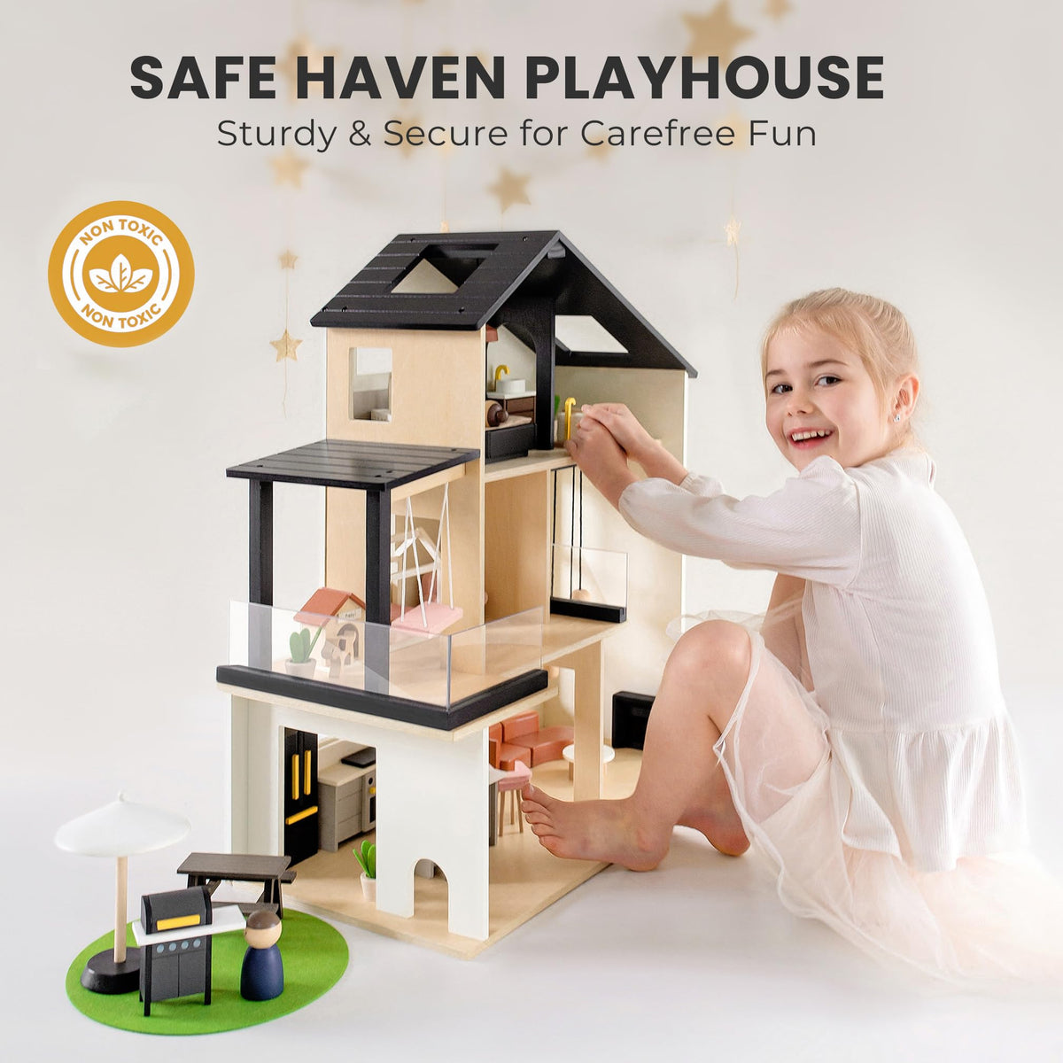 Tiny Land Doll House, Modern Family Dollhouse with Realistic Design, Wooden Dollhouse with 53Pcs Furniture - Ideal Gift for Kids Ages 3+