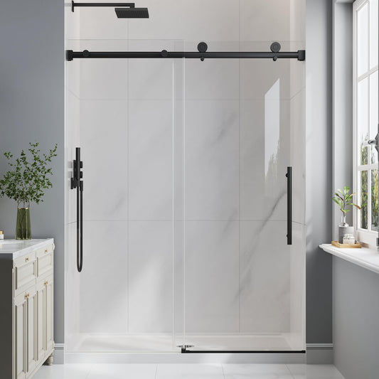 EASYWORC Frameless Glass Shower Door, 49-54" W x 76" H Sliding Frameless Shower Door, 1/4''(6mm) SGCC Tempered Glass,Explosion-Proof Film Nano Coating,Stainless Steel Hardware, Matte Black