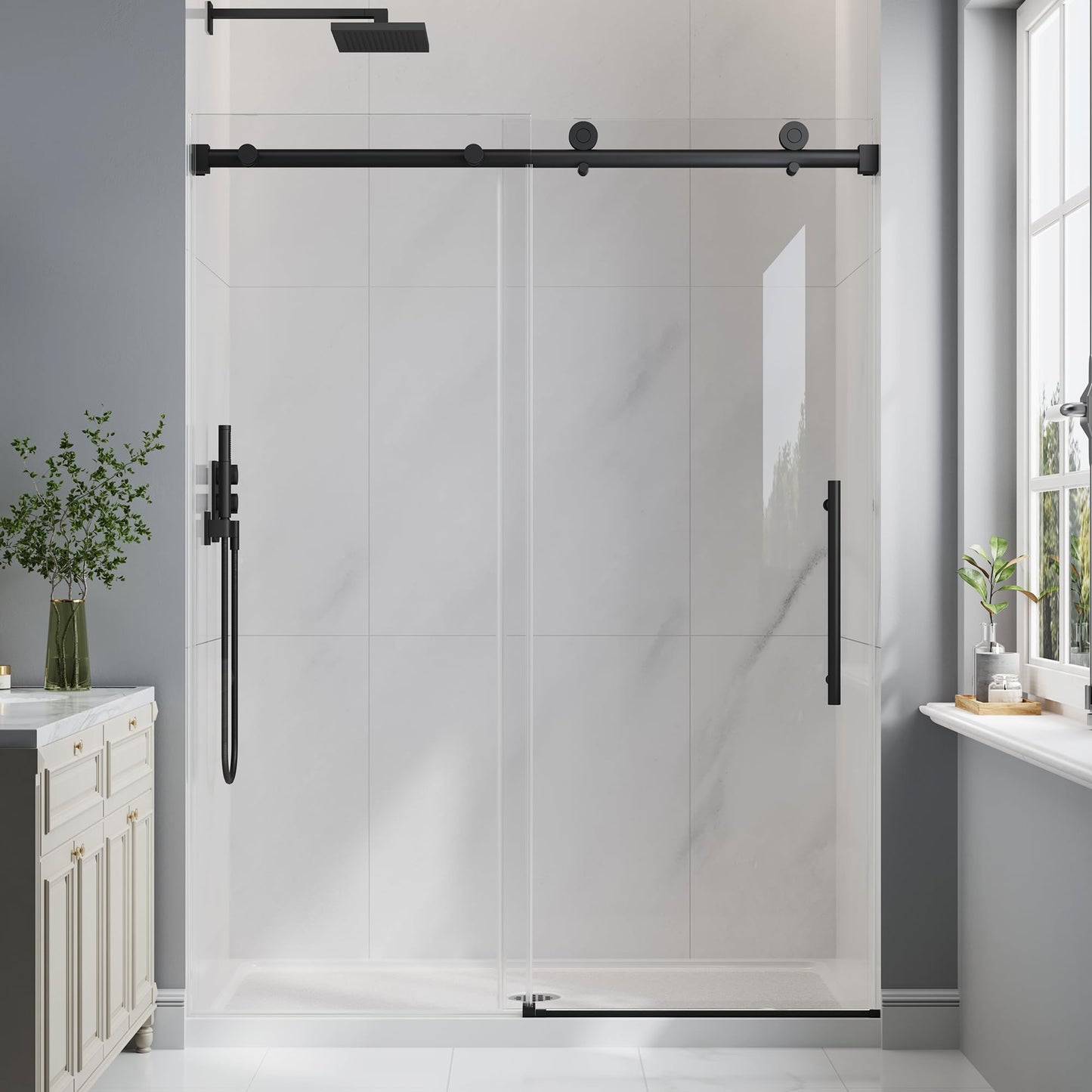 EASYWORC Frameless Glass Shower Door, 55-60" W x 76" H Sliding Frameless Shower Door, 1/4''(6mm) SGCC Tempered Glass, Explosion-Proof Film Nano Coating, Stainless Steel Hardware, Matte Black