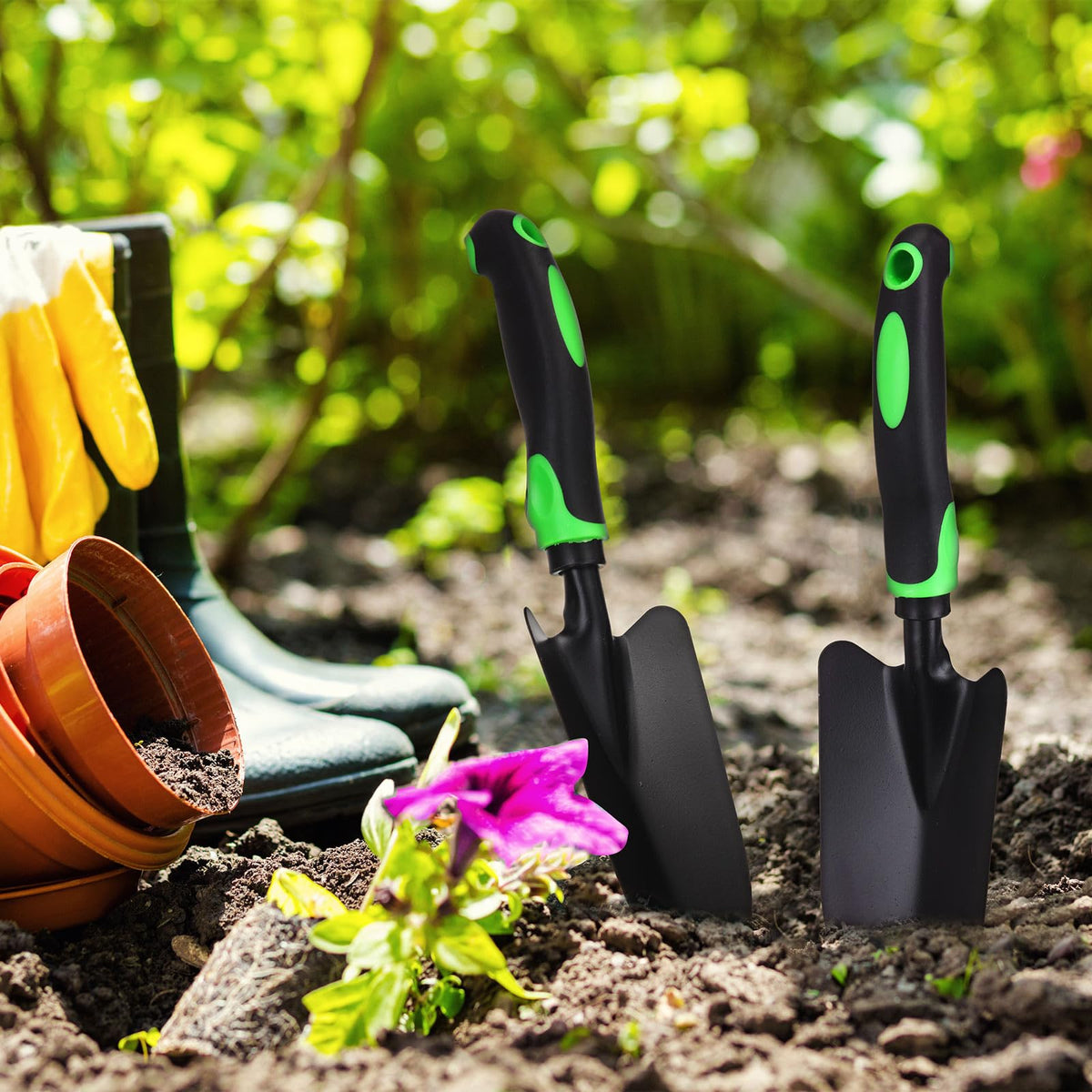 Yaocom 24 Pcs Garden Shovel Aluminum Alloy Heavy Duty Trowel Garden Tool Small Shovels for Digging Metal Hand Trowel Spade with Soft TPR Handle for Lawn Yard Farm Home Shop Planting (Green Black)