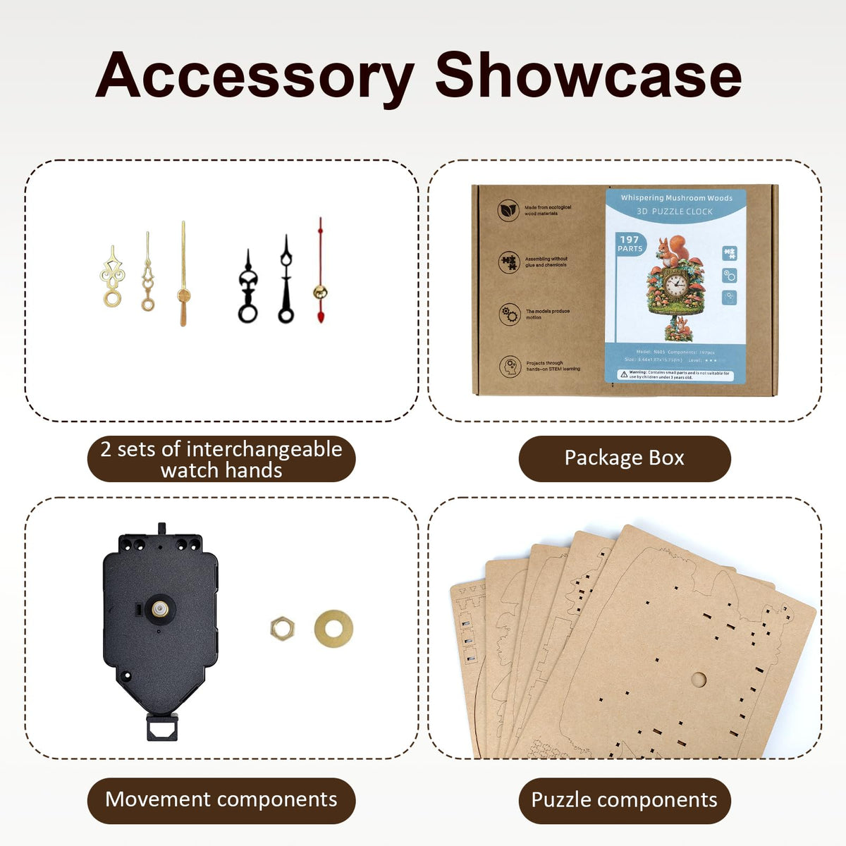 NIUNIUAMY 3D Wooden Puzzle Squirrel Clock Mechanical DIY Model Kit with Pendulum Forest Animal Gear Desk Clock Mushroom Decor Challenging Craft Gift for Adults Men Women