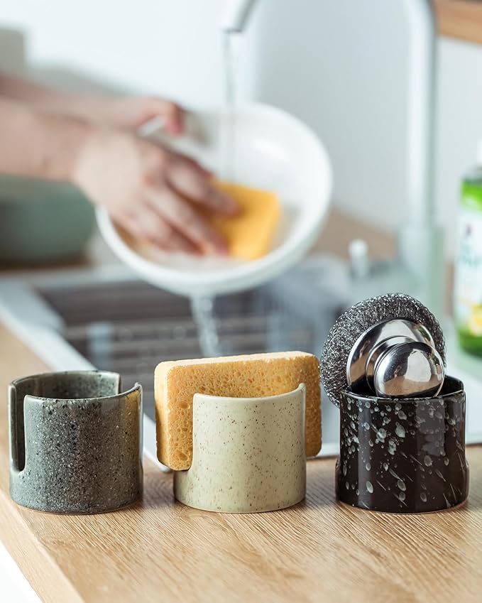 Sponge Holder for Kitchen, Ceramic Sink Caddy Scrub Sponge Rack Dish Rack