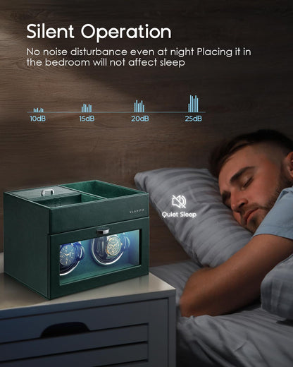Vlando Automatic Double Watch Winder - Watch Winder Box with Men Jewelry Organizer Tray, Japanese Quiet Motor, LED Light, Adjustable Watch Pillows - Green