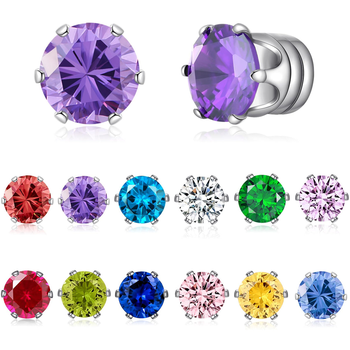 Spiritlele 12 Pairs Birthstone Magnetic Earrings Set Cubic Zirconia Clip on Non Piercing Fake Stud Earrings Birthday Gifts Unisex (Circle)