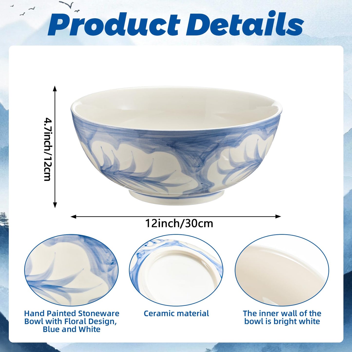 Maxdot Blue and White Bowl 12 x 6 Inch Large Hand Painted Stoneware Decorative Vase Bowl with Floral Chinoiserie Ceramic Design for Kitchen Centerpiece Home Decor
