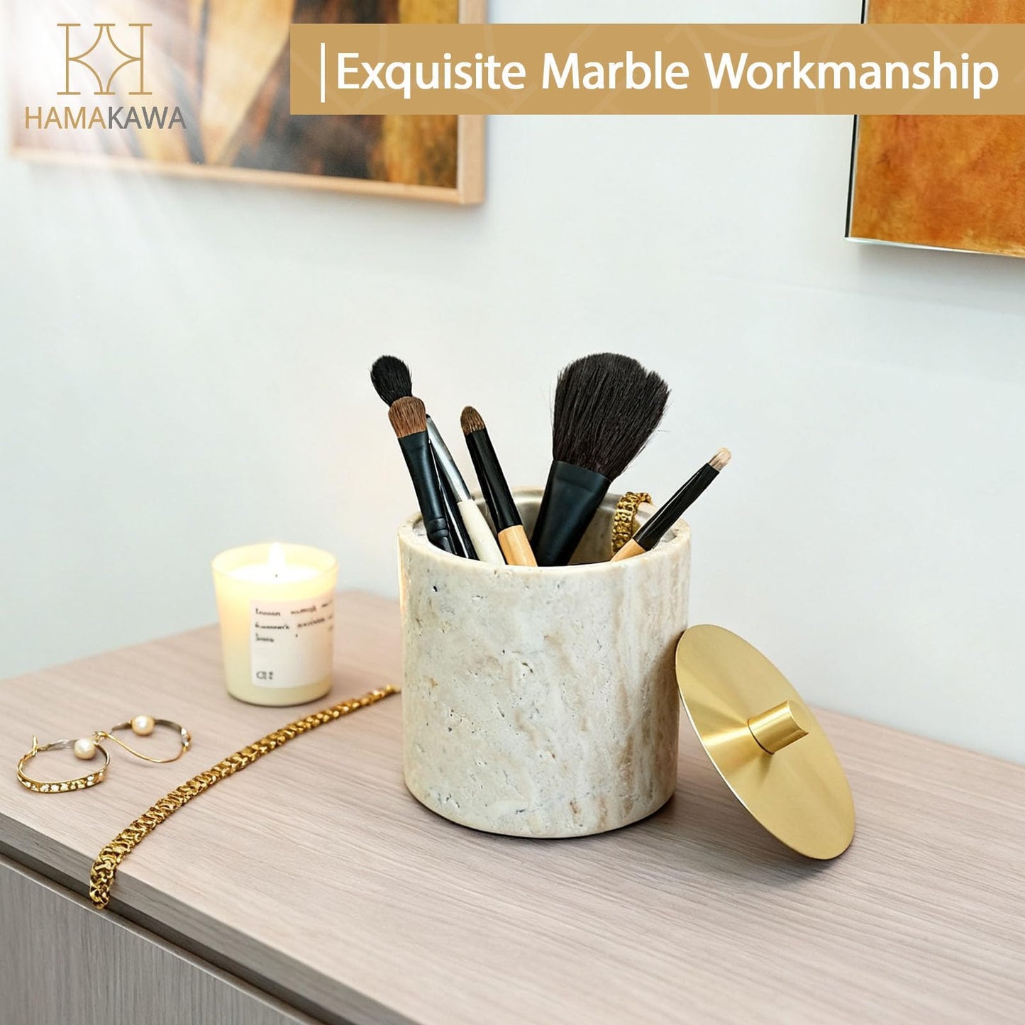 HAMAKAWA Nartural Marble Qtip Holder with Brass Lid, Beige Travertine Cotton Swab Jar, Modern Round Canister, Small Apothecary Storage Jars for Bathroom, Bedroom, Vanity, Kitchen Cabinet