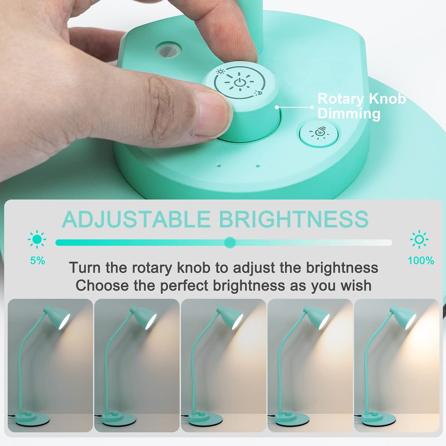 BOHON LED Desk Lamp with USB Charging Port, 3 Color Modes Fully Dimmable Reading Lamp, Auto Dimming Task Lamp, Flexible Neck Table Light for Office Dorm Bedside, Adapter Include, Teal
