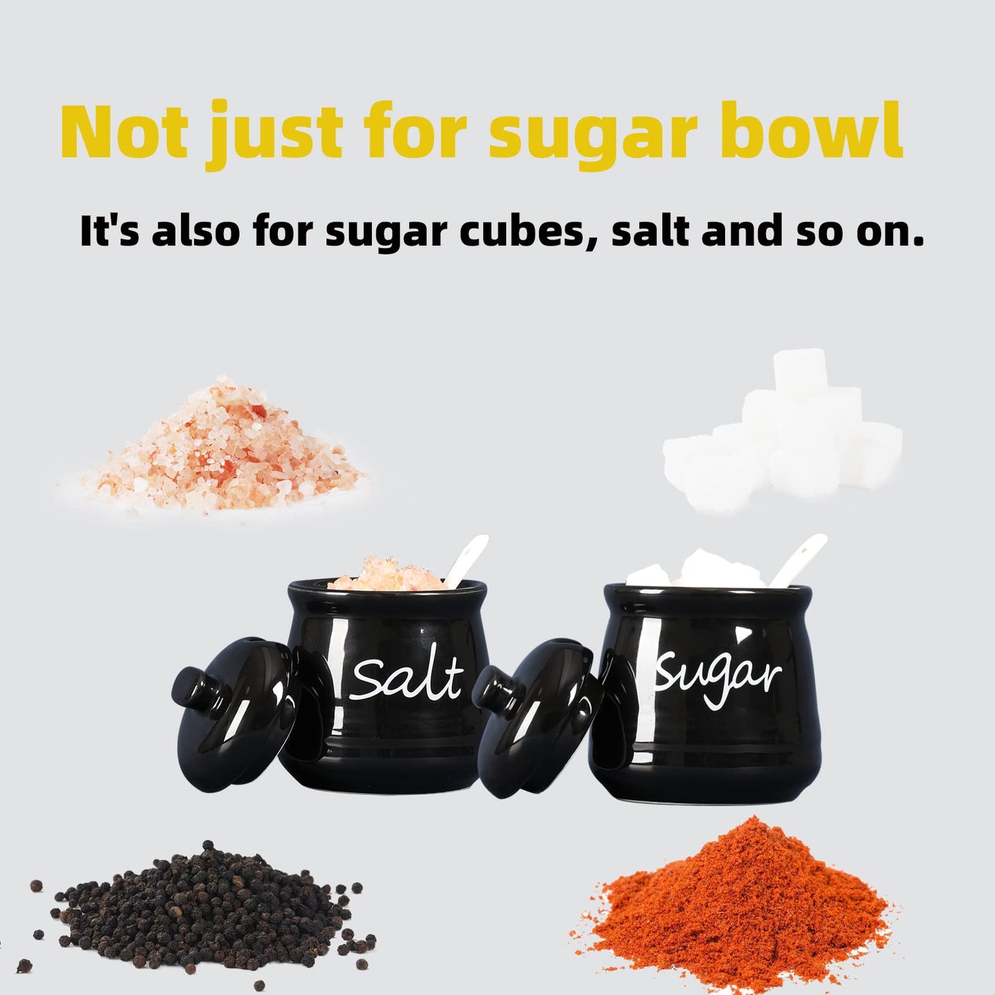 12oz Sugar and Salt Bowls with Lid and Spoon, Ceramics Condiment Pots,Seasoning Jar Spice Container for Kitchen,Dishwasher Safe (Black)
