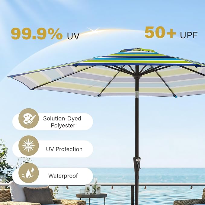 MEWAY 9ft Patio Umbrella Outdoor Table Umbrellas with Push Button Tilt and Crank, Market Umbrella 8 Sturdy Ribs for Deck, Garden, Pool and Backyard, Blue-Green Stripe