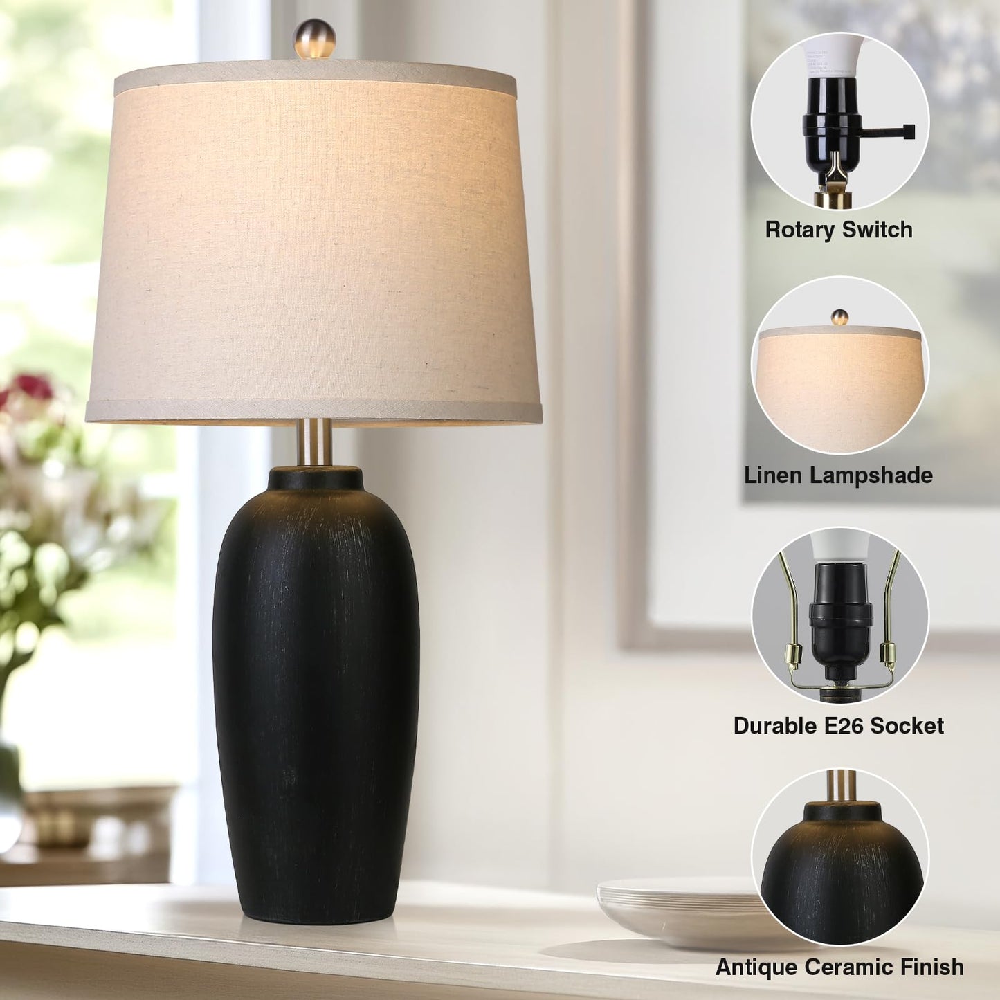 MOUVOVO Jar Table Lamps Set of 2, 25" Ceramic Bedside Lamps for Living Room, Black Farmhouse Nightstand Lamps for Bedroom