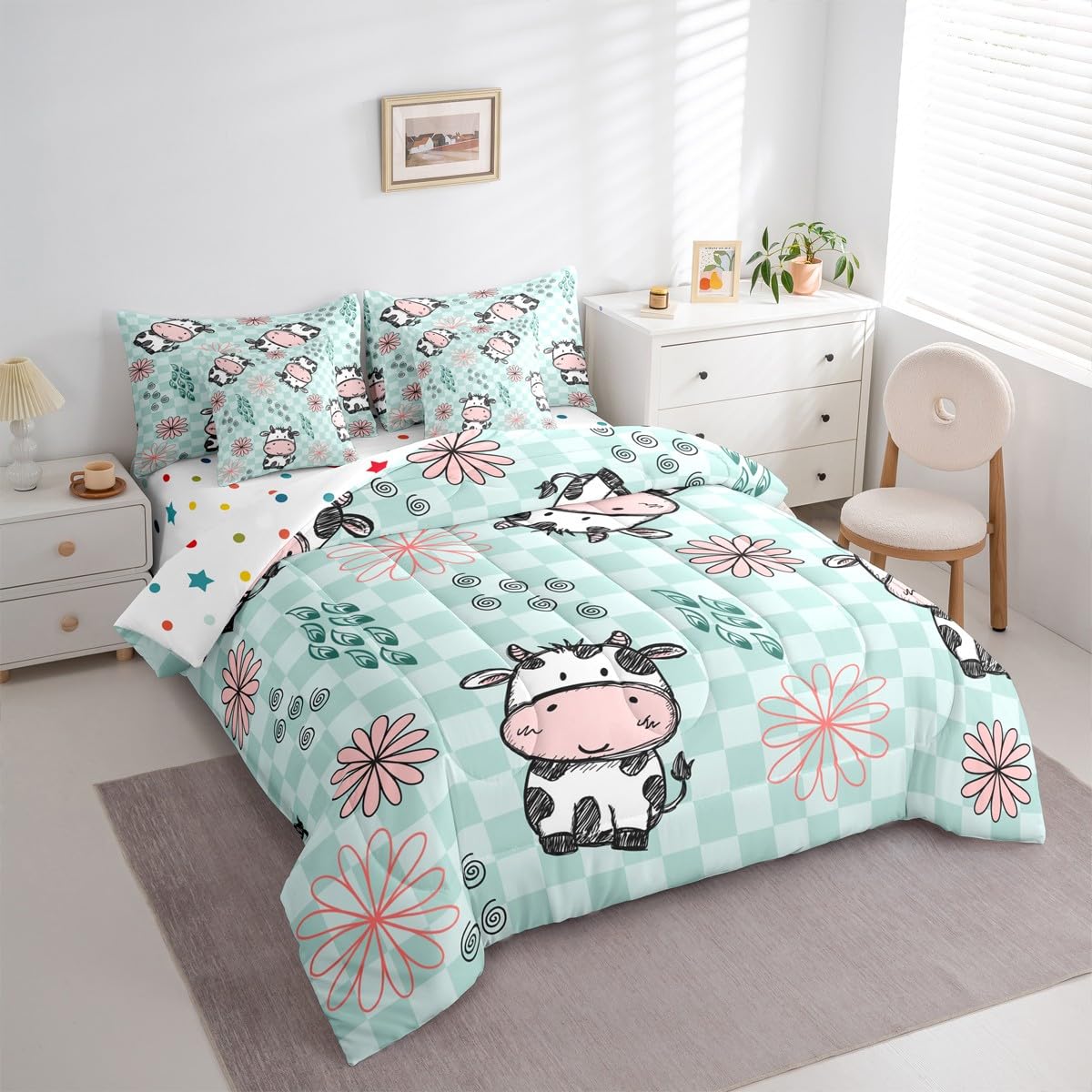 Erosebridal Kids Cartoon Cow Queen Comforter Set with Sheets | Lovely Animal 7 Piece Bedding Set Cute Pet Bed in a Bag, Buffalo Checked Backdrop Abstract Flowers Room Decor