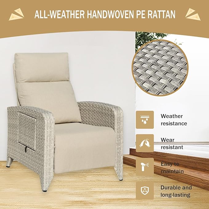 Outdoor Recliner Chairs Set of 2 Reclining Patio Chairs with Adjustable Back and Extended Footrest Wicker Rattan Recliner Chairs with Flip Table and Removable Cushion
