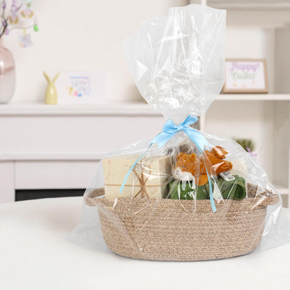 MEGASKET Brown Variegated Small Woven Basket, 13” x 9” x 5” Baskets for Gifts Empty, Cotton Rope Gift Basket, Cute Nursery Baby Organizer, Cat Dog Toy Bin Box, Wicker Storage Bin with Handle