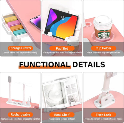 DECOSIS Bed Desk Height Adjustable, Bed Laptop Table with USB/Storage Drawer/Cup Holder/Tablet Stand/Book Shelf, Foldable Breakfast Tray Portable for Reading Writing, Bed, Sofa & Floor, Wood, Pink