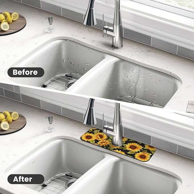 Kitchen Faucet Mat 15 x 5.5 Inch Sunflowers Faucet Draining Mat Farmhouse
