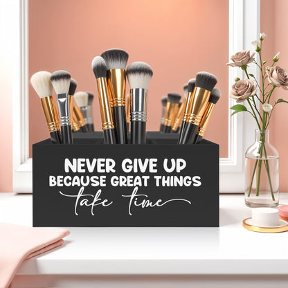 FITIE Inspirational Quotes Pencil Pen Holder for Desk, Never Give Up Because Great Things Take Time Wooden Pencil Holder Organizer for Home Office Desk Accessories, Gifts for Coworker