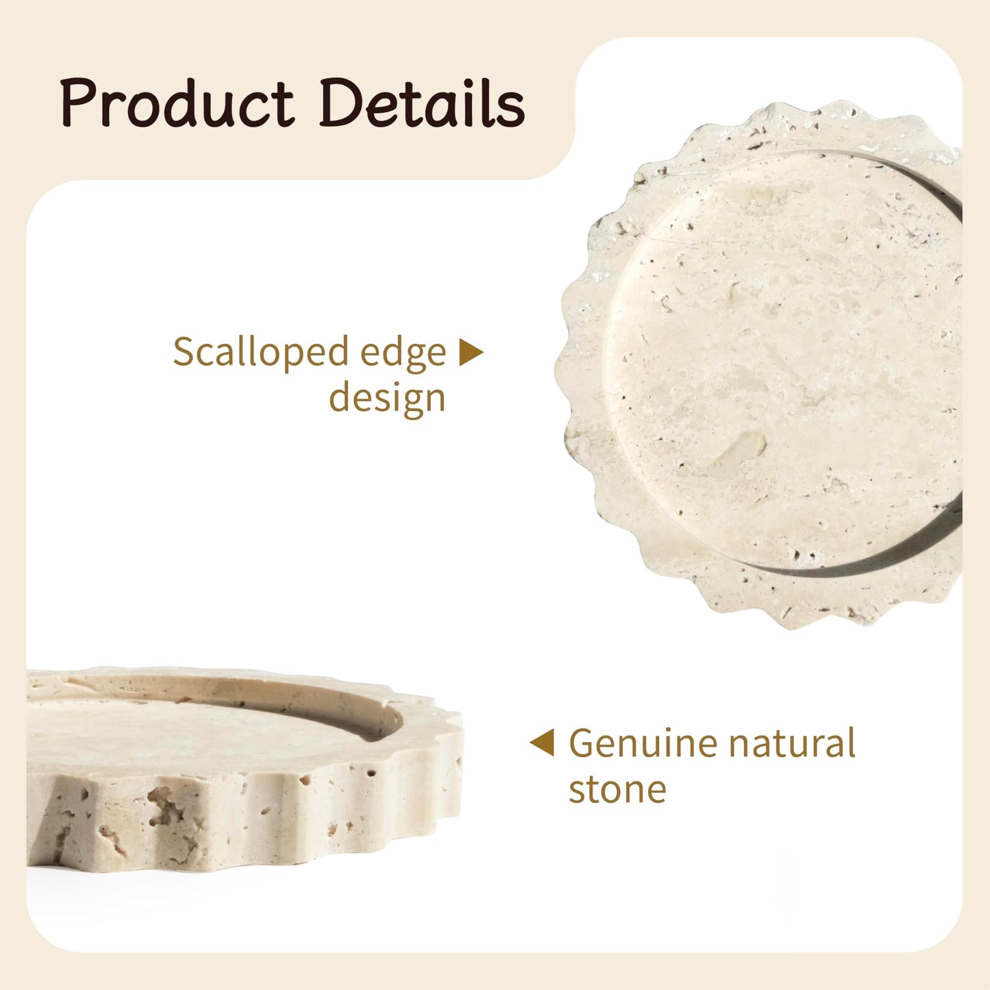 seicasaya 5.5 Inch Small Scallop Edge Tray, Hand-Carved Natural Stone Jewelry Holder, Travertine & Marble Vanity Tray for Rings, Candles, or Keys (Travertine)