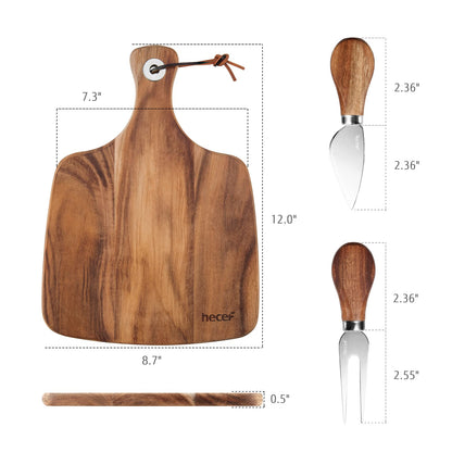 hecef Cheese Board set of 3,a Acacia Wood Cheese Plate, a Knife, a Fork, Charcuterie Board Platter Slate Serving Set(Cheese board with 2 knives)