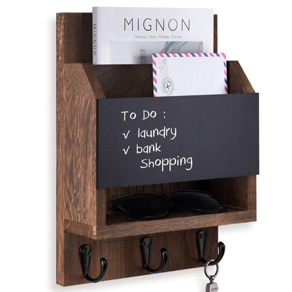 Lucundm Key and Mail Holder for Wall, Key Holder with Chalkboard and Long Storage Box, Key Hanger with 3 Sturdy Hooks for Coat, Dog Leash, Entryway Mail Organizer (Brown)