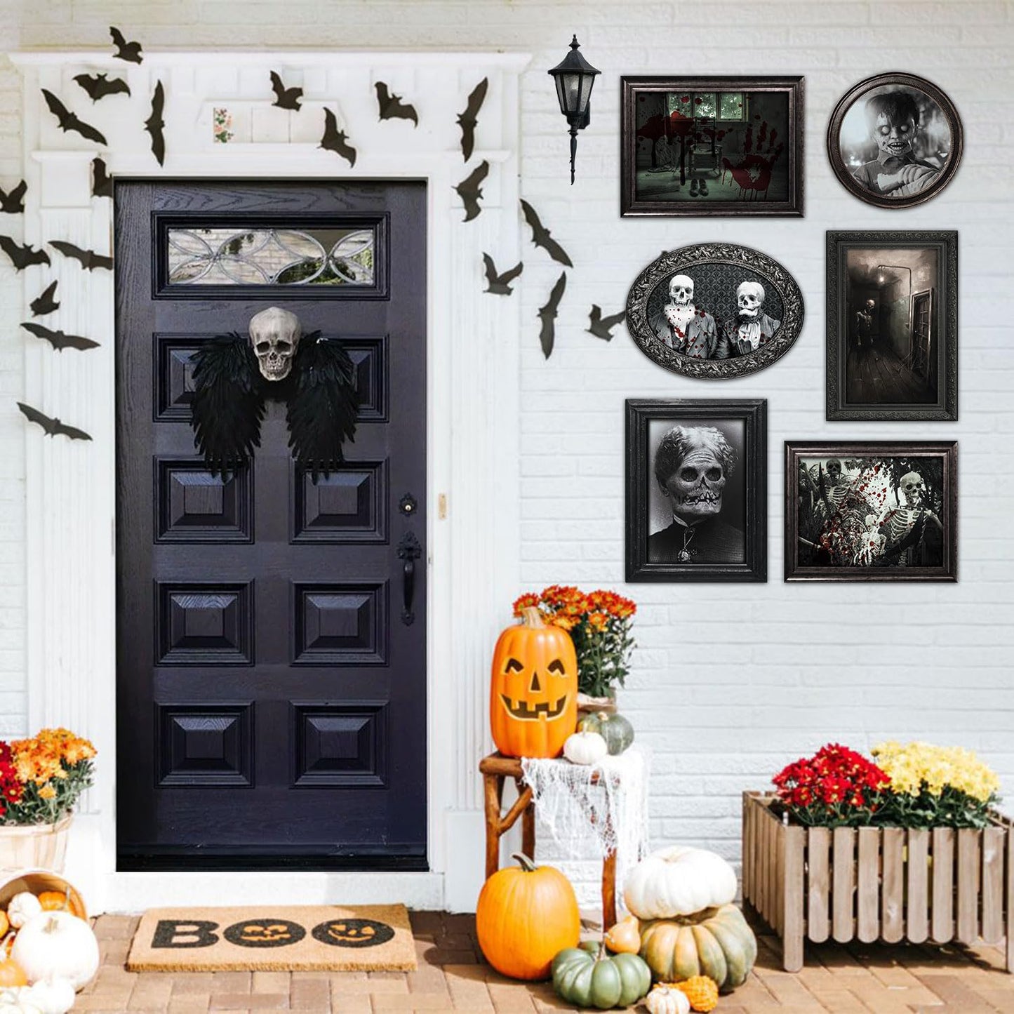 Benjia 15 Halloween Gothic Creepy Skull Photos Haunted Horror Picture Frame, Waterproof Durable, with 80pcs Self Adhesive Dots，Creepy Photo Decoration For Haunted Family Castle Masquerade Party Black