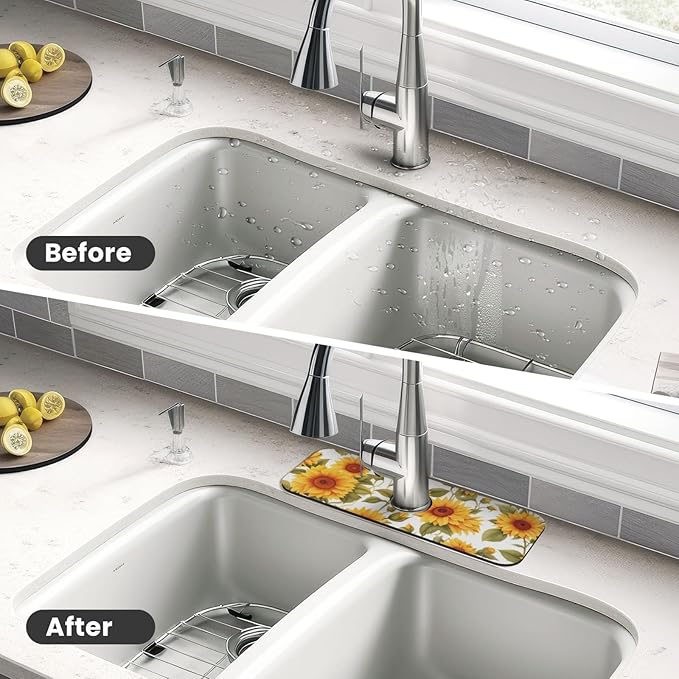 Kitchen Faucet Mat 15 x 5.5 Inch Sunflowers Faucet Draining Mat Absorbent