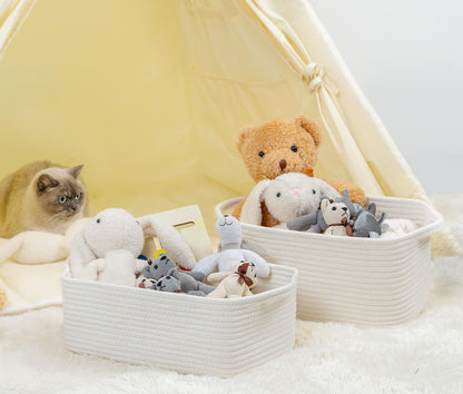 CubesLand Cute and Durable Small Cotton Rope Basket for Organizing, Woven Closet Storage Bin,Shelves Closet Storage Basket, Bathroom Storage Organizer Bin, Nursery Toy Basket Bin, White Basket