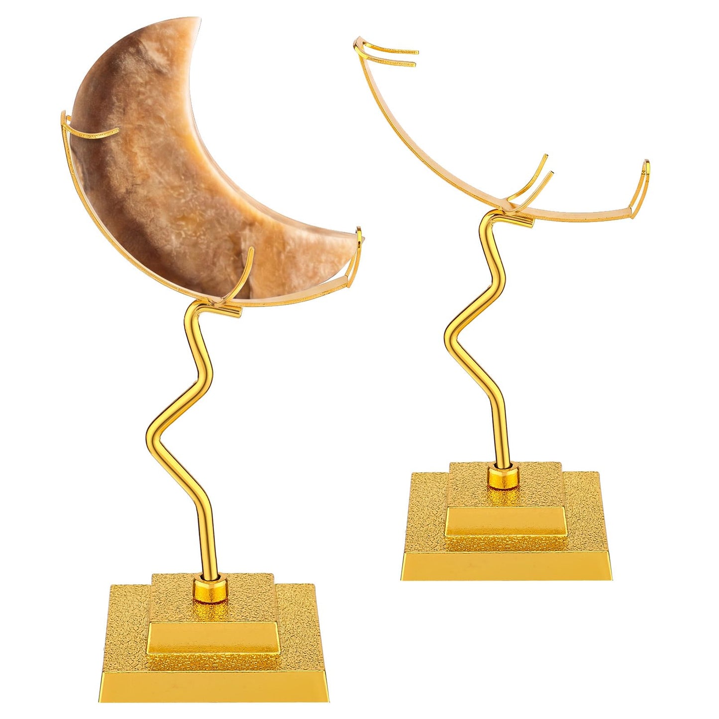 BrightRow 2 Pcs Moon Crystal Holder Rock Display Stand Crystal Display Gemstones Holder Metal Rock Stand with Base for Gemstones Mini Balls Geodes Mineral Agate Home Decor (4.9 x 2 Inch,Gold)