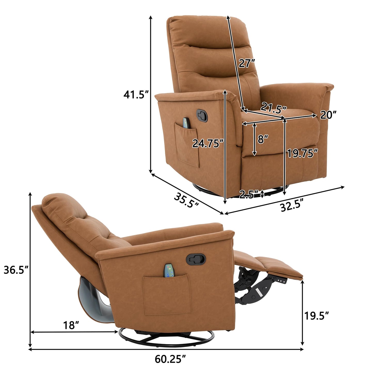 Merax Manual Recliner Chair Rocking & 270° Swivel Recliner with 8-Point Massage Function and Adjustable Backrest, Brown PU Leather Recliner for Living Room, Nursery, Bedroom, Brown