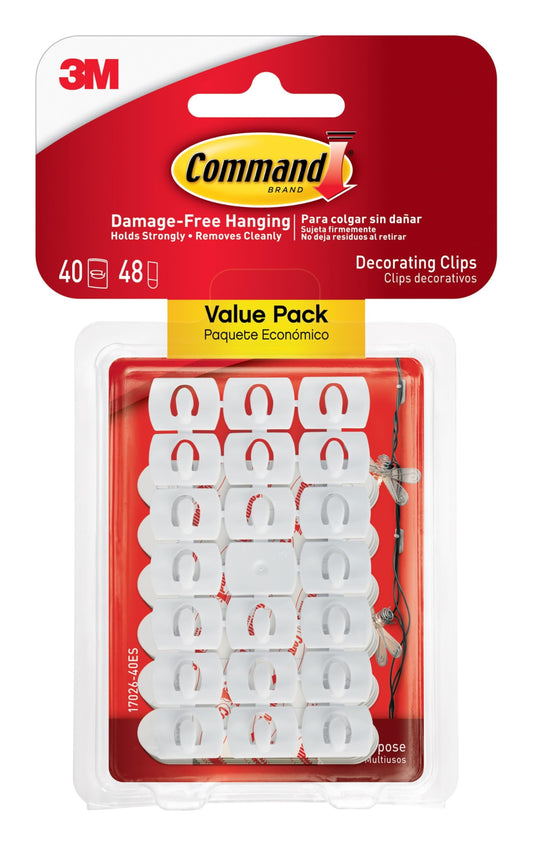 Command Decorating Clips, 40 Clips and 48 Command Strips, Damage-Free Hanging Light Clips with Adhesive Strips, No Tools Small Wall Clips for Hanging Lights and Cables