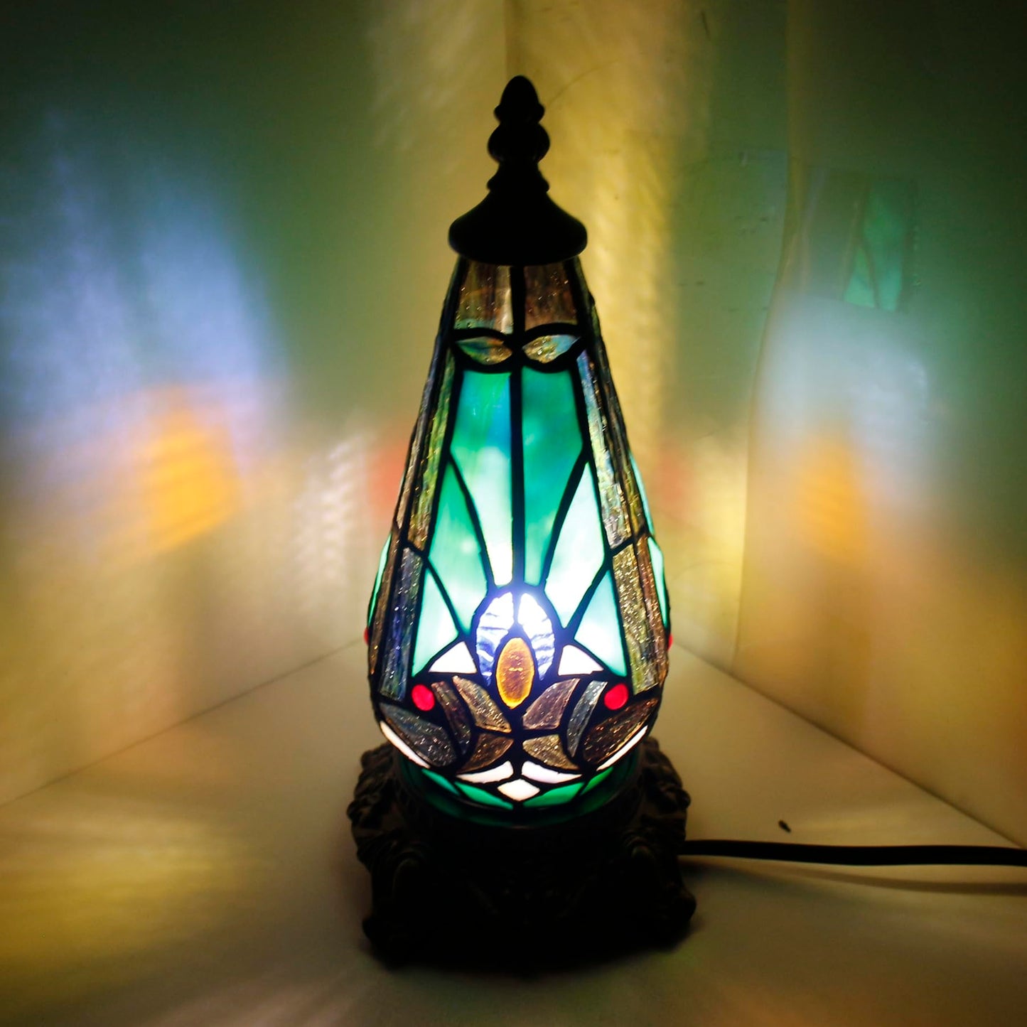 TCODTPOL Small Tiffany Lamp Stained Glass Table Lamp 5.5X11 Inch Christmas Tree Lighthouse Mini Accent Memory Sympathy Antique Night Light for Bedroom Living Room (Green Liaison)