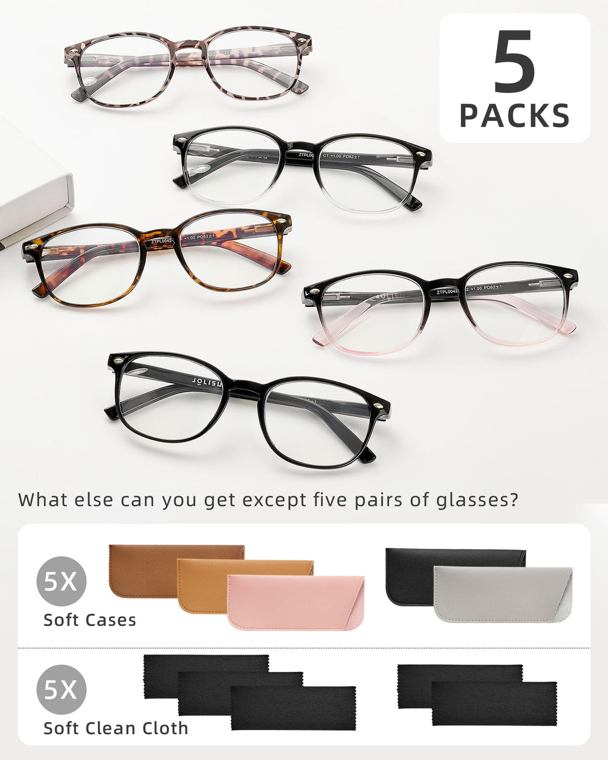 JOLISU 5 Pack Reading Glasses For Women, Blue Light Blocking Computer Reader Spring Hinge Eyeglasses (1.75)