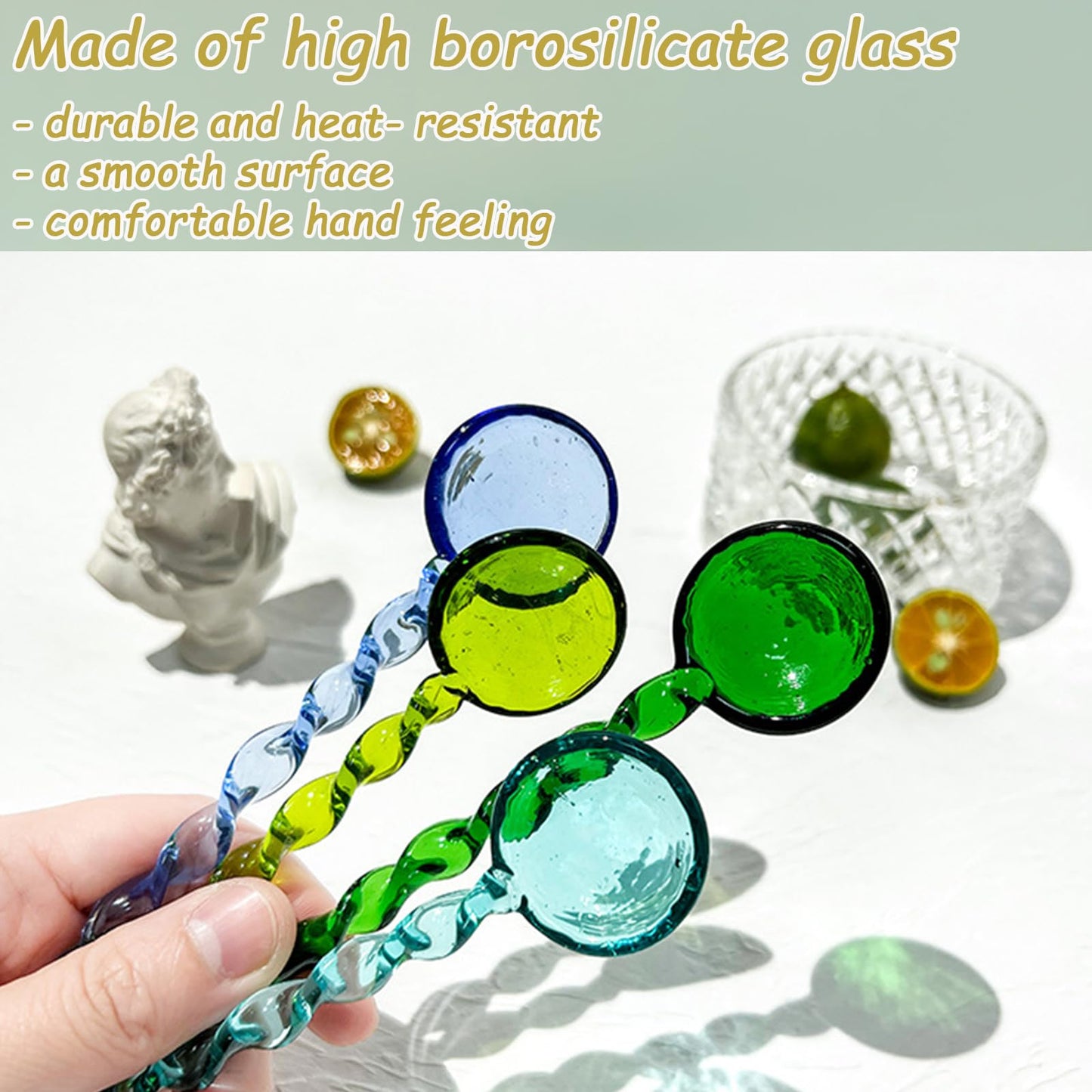 Turbokey 5 Pieces Glass Stirring Spoons Clear Crystal Coffee Cocktail Mixing Spoons with Spiral Handle Salt Sugar Ice Cream Yogurt Jam Dessert Scoop Swizzle Stick for Bar Cafe Party (5 Color)