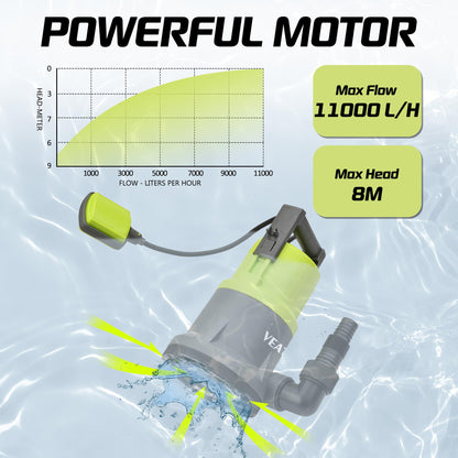VEATON 400W Electric Submersible Water Pump for Clean Water, Max Flow 11000L/H Compact Utility Pump, Drain Water from Garden Pond Swimming Pool Hot Tub with Float Switch and Hose Connector